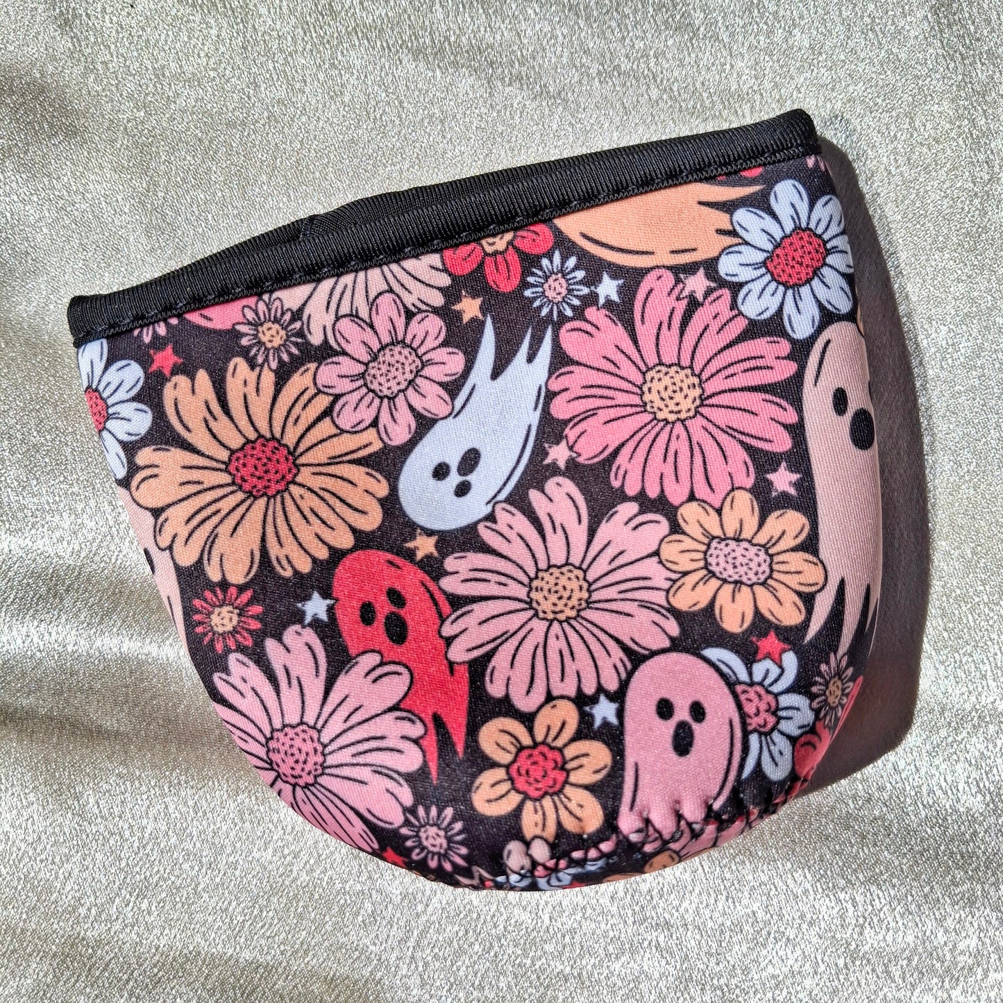 BLACK SPOOKY FLOWERS & GHOSTS CUP SLEEVE (SMALL)