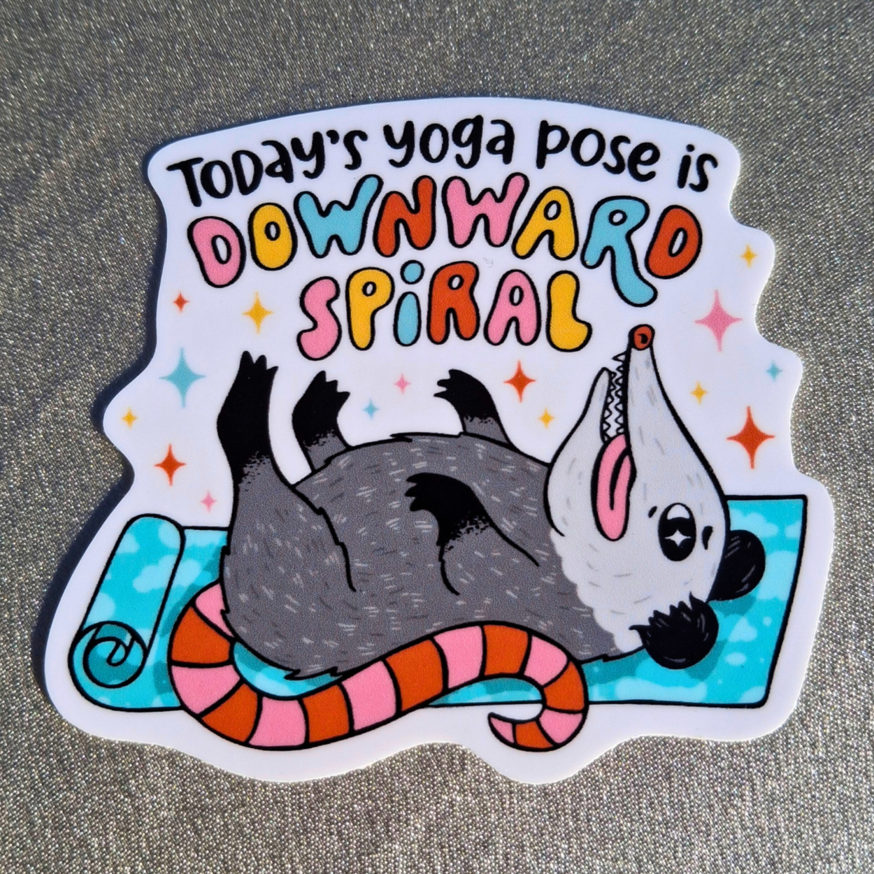 DOWNWARD SPIRAL YOGA OPOSSUM STICKER